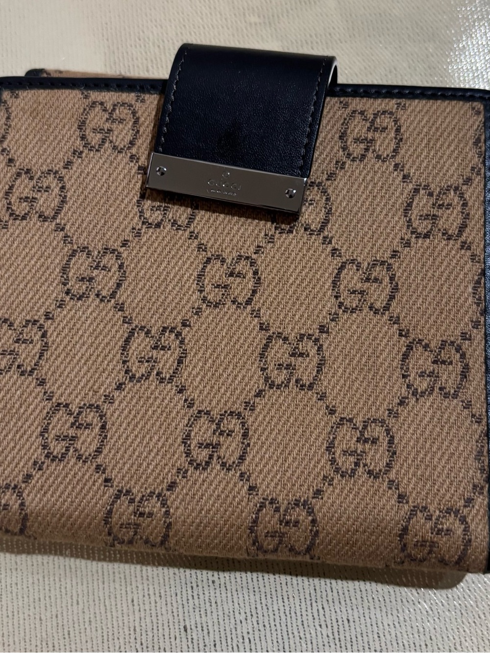 Gucci Beige Brown Monogram Wallet with Black Leather Snap
